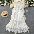 K-style heavy industry embroidercut outdress women's summerlong sleeves waist slimming lookwork clothingelegant yellow a-line skirt