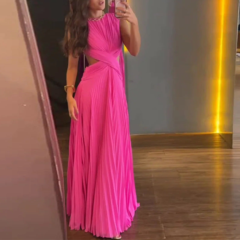 cross-border european & american women's fashion: sexy & chic solid color crew neck sleeveless criss-cross ruched backless bodycon dress