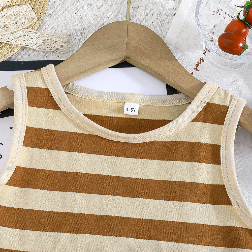 summer new arrivals: girls' striped trim tank top and casual shorts two-piece set - the perfect outfit for shopping!