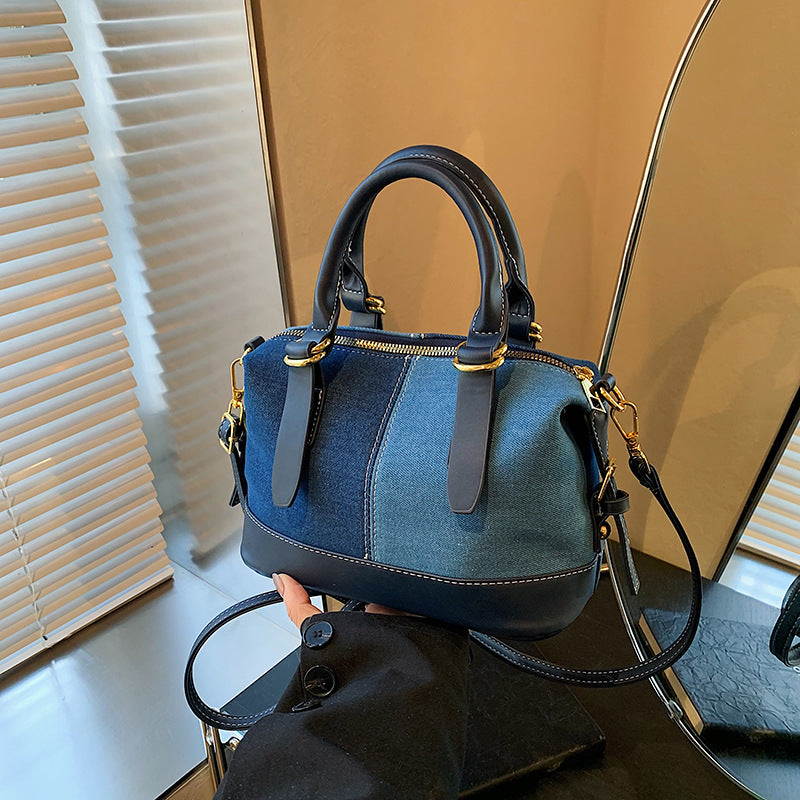 Foreign order denim bag women's versatile 2025 new casual messenger bag contrasting color portable Boston bowling bag