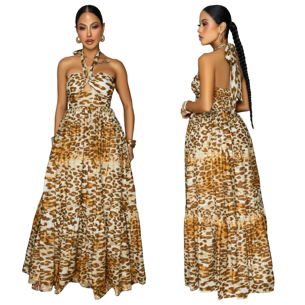 C7769 cross-border  new women's leopard print cutout waist maxi beach dress