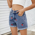 Fashion cross-border foreign trade women's new style  independent station washed versatile cherry embroidered denim shorts hot pants