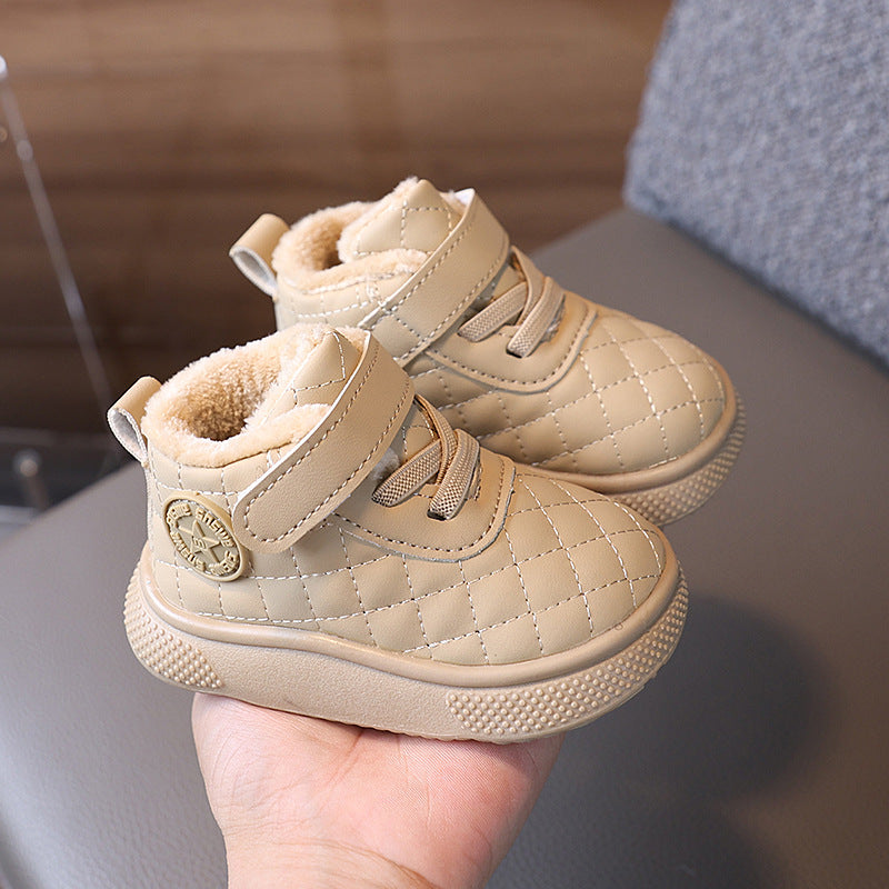 Autumn/winter high-top soft sole non-slip prewalker shoes for baby boys and girls, ages 1-3, fleece-lined, extra thick, warm, double-layer cotton shoes, bread shoes style