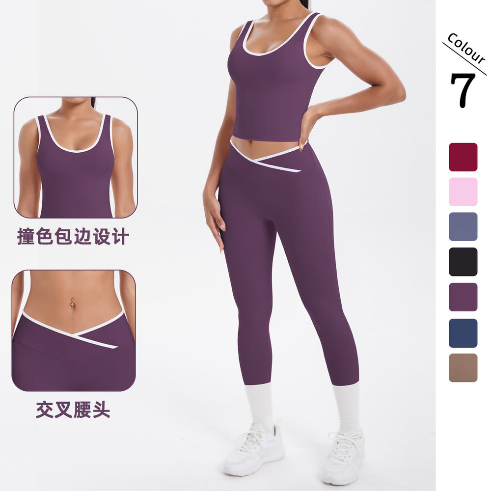 popular double-sided brushed contrast color tight breathable cross yoga suit sports running fitness two-piece set
