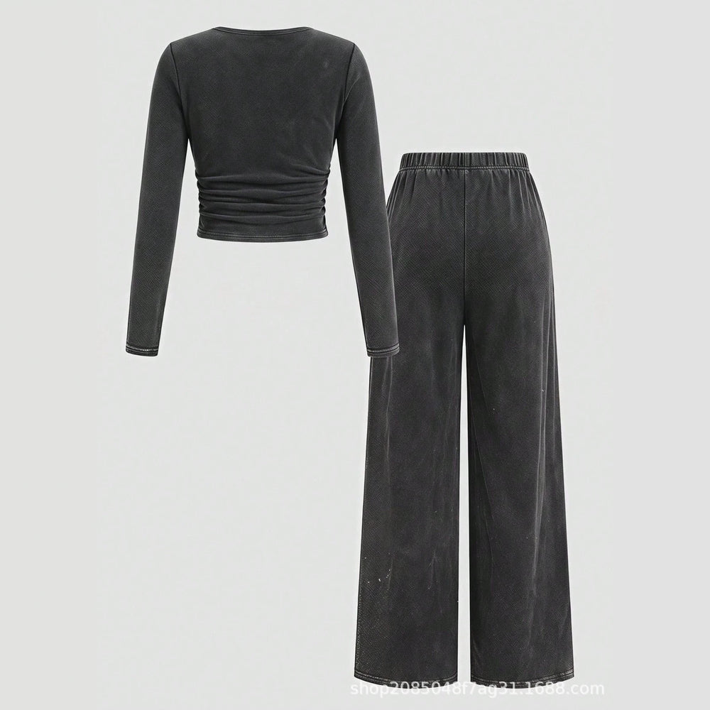 retro washed women's suit round neck pleated short long sleeves tops elastic waist distressed wide leg sweatpants