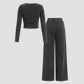 retro washed women's suit round neck pleated short long sleeves tops elastic waist distressed wide leg sweatpants