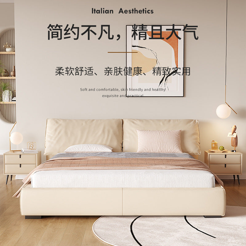 Foshan factory customized elephant ear genuine leather soft-packed bed, italian minimalist cream style master bedroom double bed