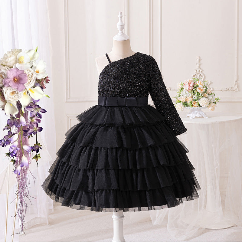 Exportfashion stylegirl dress one shoulder elegantlongsequinpatchworkkids meshaccessible luxuryniche style banquet skirt
