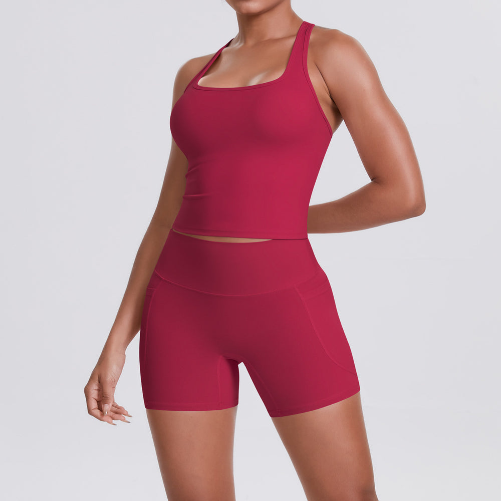 brushed pure color tight racerbackflap pocket pants shorts sports suit running fitness yoga wear two-piece set