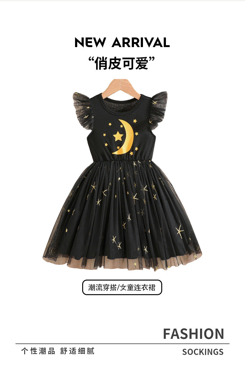 Girls' export mesh dress - black flutter sleeve star print round neck sleeveless princess tutu dress