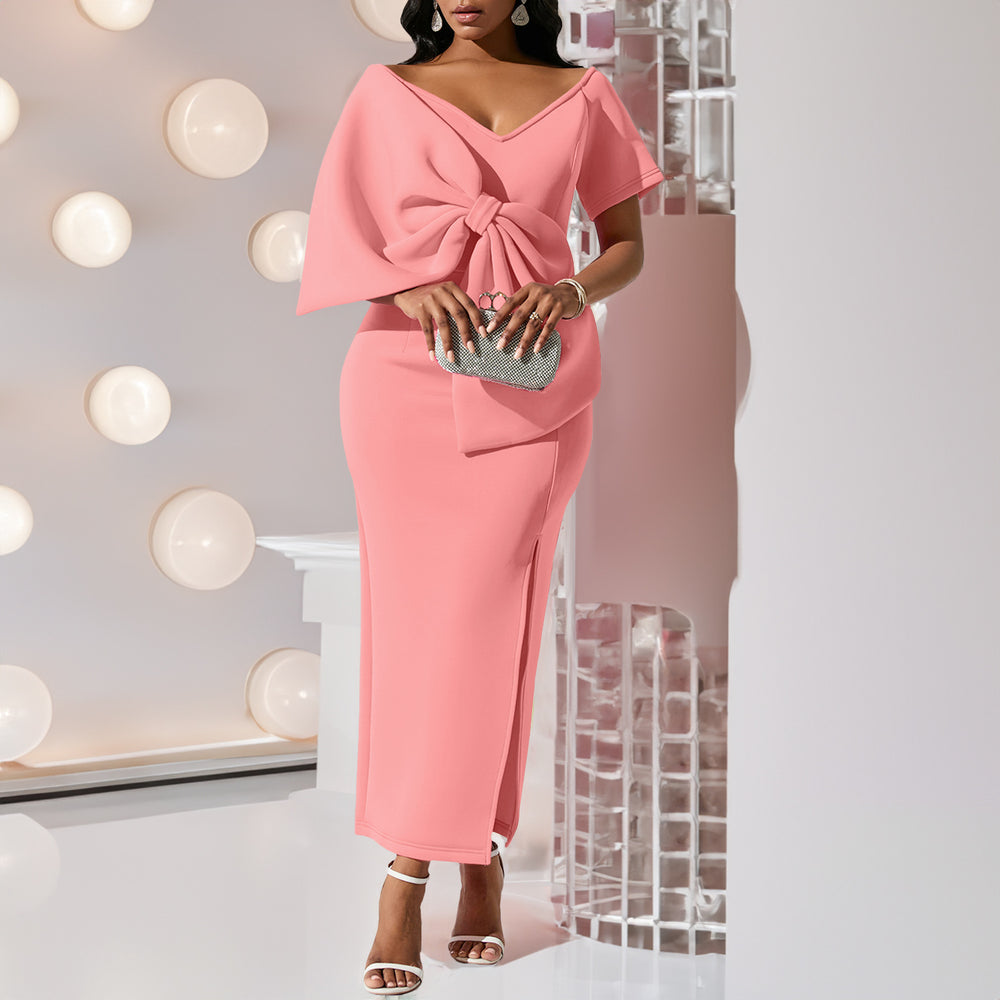 D395 party dressexport women's sexy big bow slit dress hip skirt fashiondress
