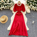 French chic knitted dress - women's summer single-breasted pleated design, elegant, unique, and sophisticated maxi dress