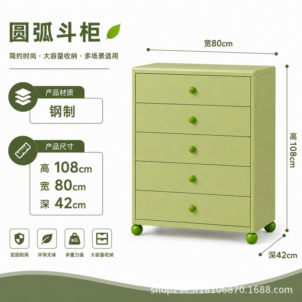 new steel low cabinet with rounded corners, freestanding five-drawer unit, wall-mounted integrated storage cabinet, kids' organizer