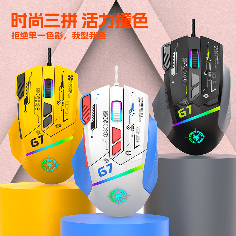 Dazzling silver fox g7 wired mouse - macro programmable, rgb illuminated, for pc, laptop, esports gaming, mechanical mouse