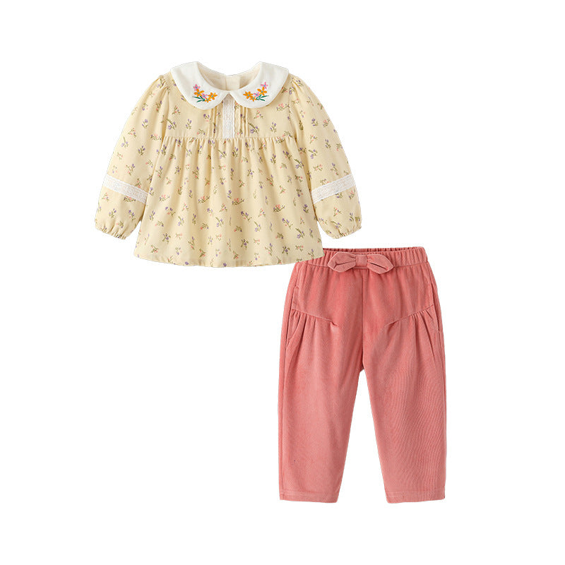 Girls' autumn  korean style floral embroidered children's clothing: pants with bow and fleece lining