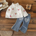 new autumn cross-border baby & toddler fleece-lined embroidered jacket & heavy-duty washed denim jeans two-piece set