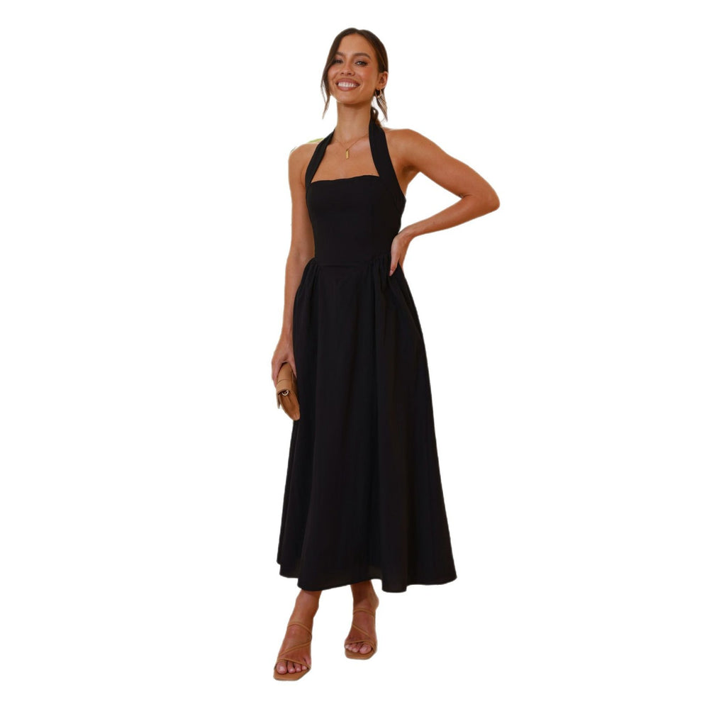 Export  fashion cross-border women's clothing  new arrivalelegantpure color square neck waist halter backless dress