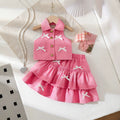 cross-border girls' fashion: european & american style halter collar denim vest + denim mini skirt bow set