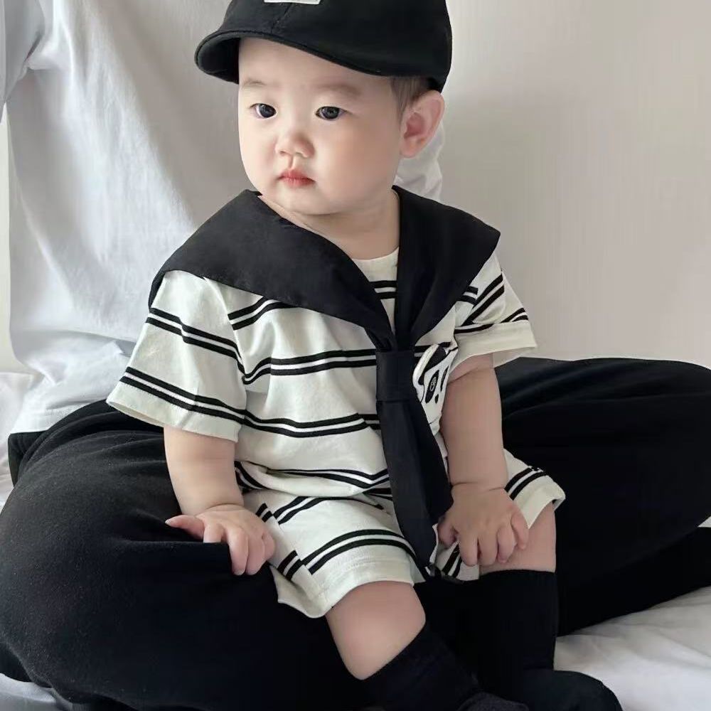 Newborn summer baby short-sleeve romper - cute cartoon design, lightweight outerwear, perfect for full month celebration, adorable summer outfit, snap-crotch bodysuit