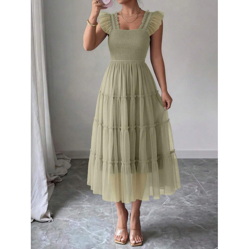 fashion  summer new arrival flying sleeve ruched ruffles vacation elegant mesh dress