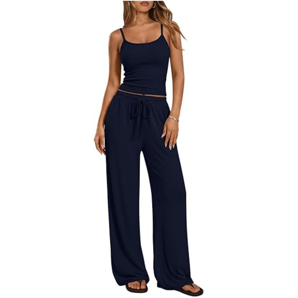 European and american cross-border  foreign trade y2 women's  casual set - solid color camisole and wide-leg pants 2-piece outfit