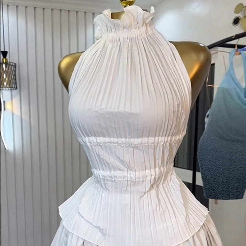 European and American  women's clothing 2025 summer new temperament fungus edge pleated halter strap-up top skirt set