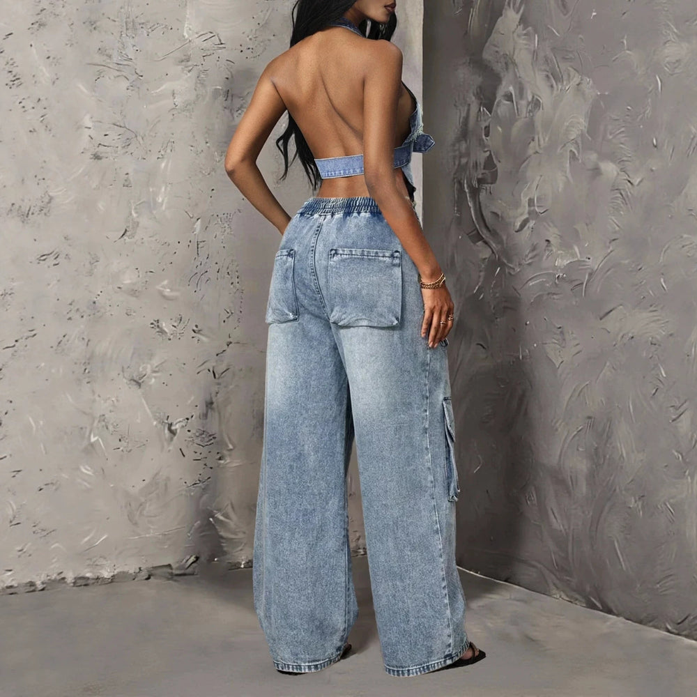 Fashionjeans women's elastic drawstring waist snowflake washed multi-flap pocket pants workwear style loose wide leg denim pants