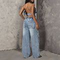Fashionjeans women's elastic drawstring waist snowflake washed multi-flap pocket pants workwear style loose wide leg denim pants