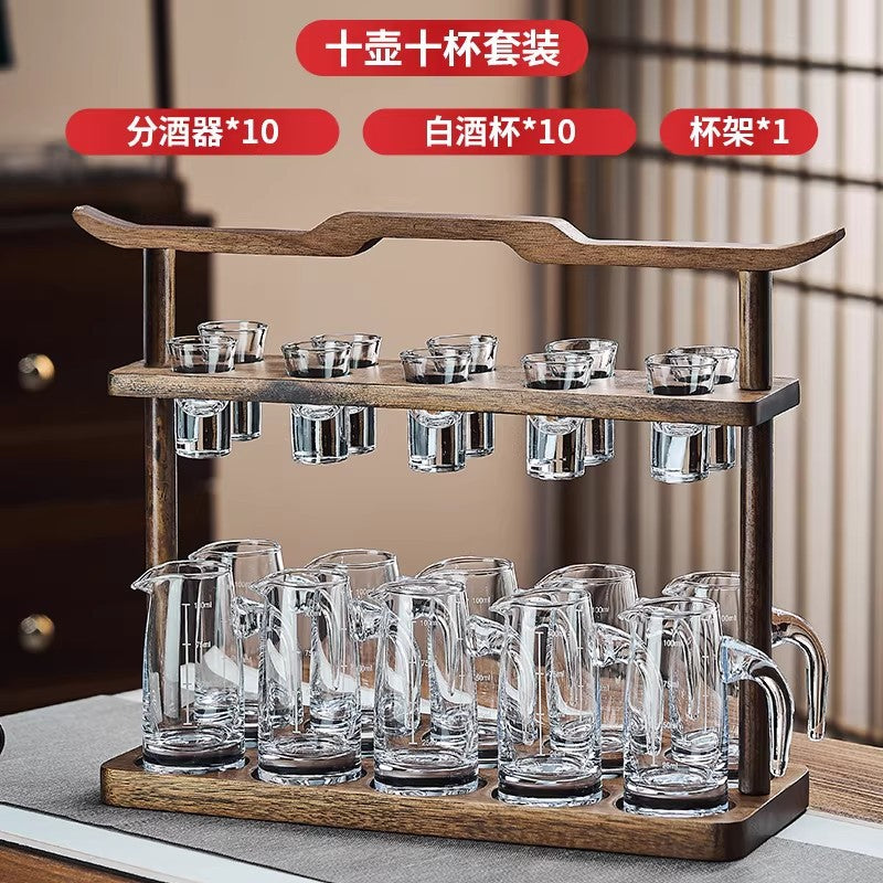 High-end acacia wood white wine glass set - home use, light luxury crystal glass shot glasses, gold foil wine pourer, barware set