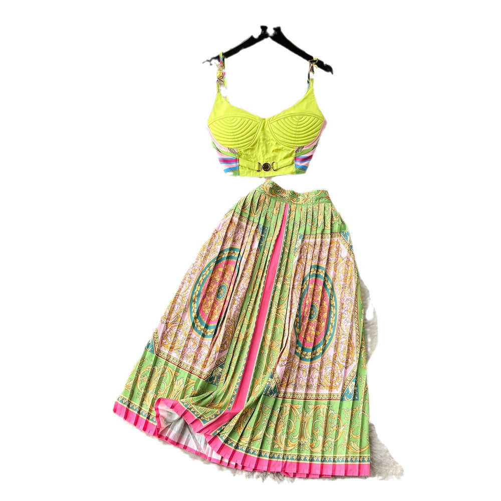 European and american retro court style printed set: women's short french bandeau camisole top + high-waisted pleated midi skirt