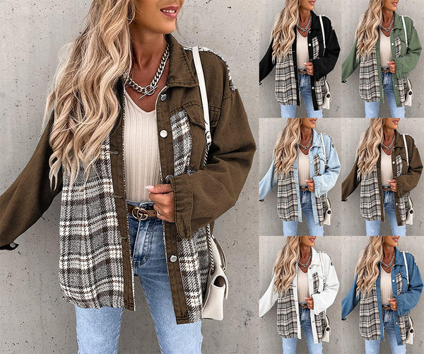 independent station hot sale,  autumn and winter, denim jacket long-sleeved plaid button-up shirt jacket top