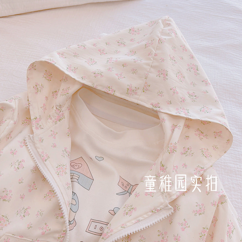 spring/autumn girls' zip-up jacket - white floral hooded outerwear - trendy and stylish baby girl's coat - cute