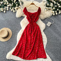 French sweet style square neck polka dot dress women's summer korean style sleeveless waist-defining elegant a-line red maxi dress