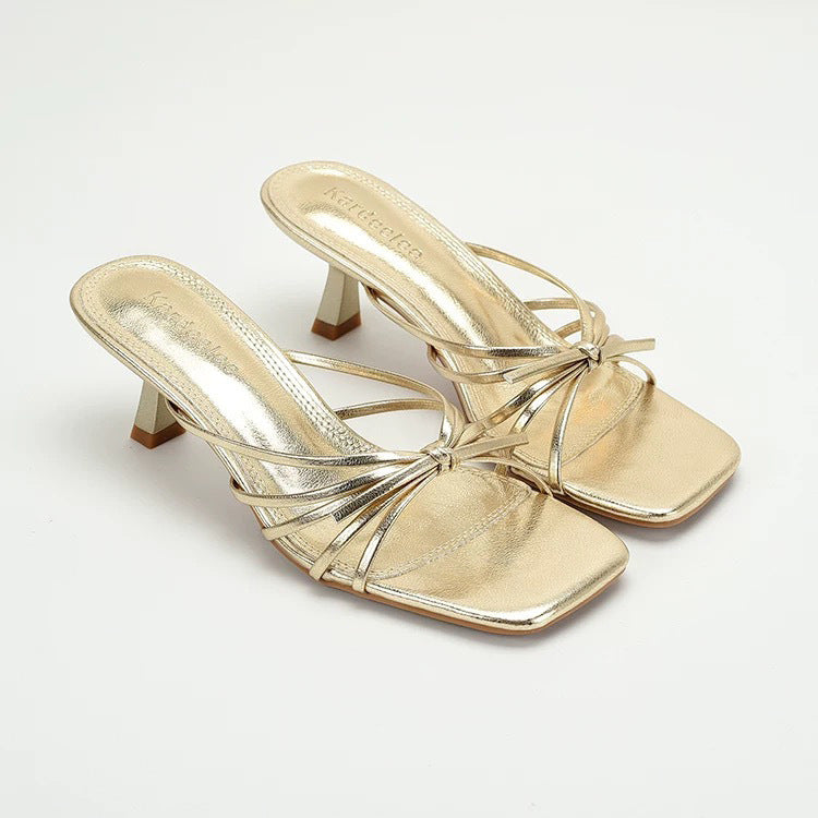 2025 summer new french style gold heeled mules - women's elegant open-toe sandals with thin straps and mid-heel for outdoor wear