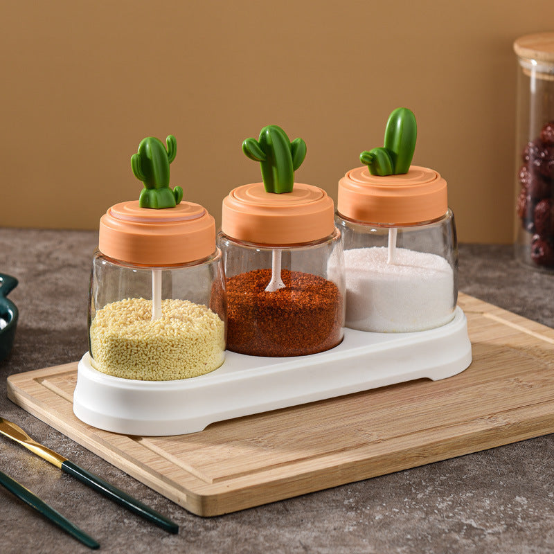 Kitchen spice jar set - home use oil, salt, sauce, vinegar combination set - condiment storage box - cactus glass seasoning jar bottle