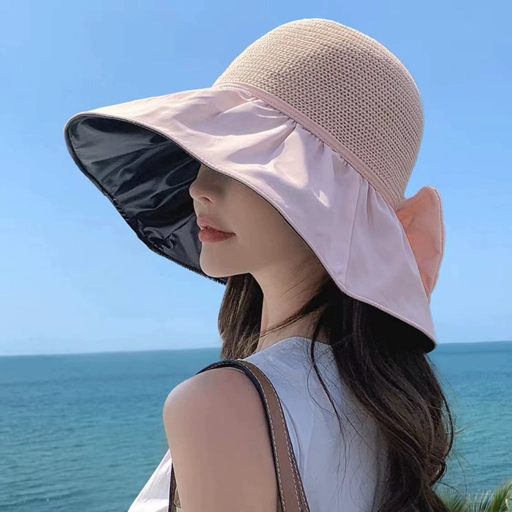 Sunscreen hat Women's UV protection Sun hat Foldable vinyl bow storage bucket hat Face covering Big brim hat