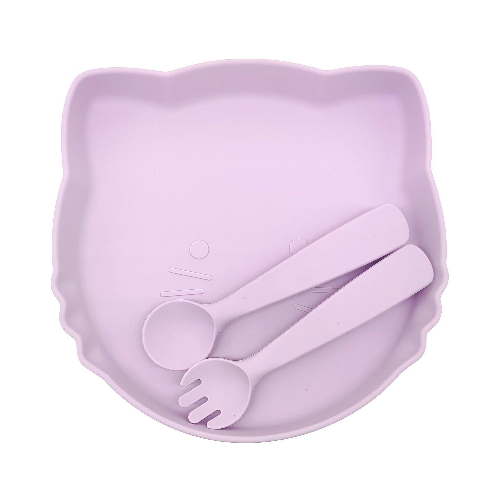 Cartoon kitten silicone fork and spoon dinner plate, baby food grade silicone feeding tableware, non-slip and anti-dirty tableware set