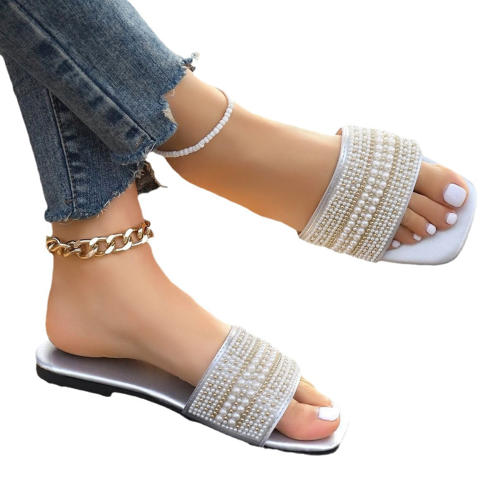 Fashionexportflatsplus size beaded flip-flops women's square toe rhinestone lightweight beach sandals slipper