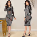 X5525  fashion european and american new arrival nightclub rhinestone mesh see-through zipper long sleeve midi dress for women