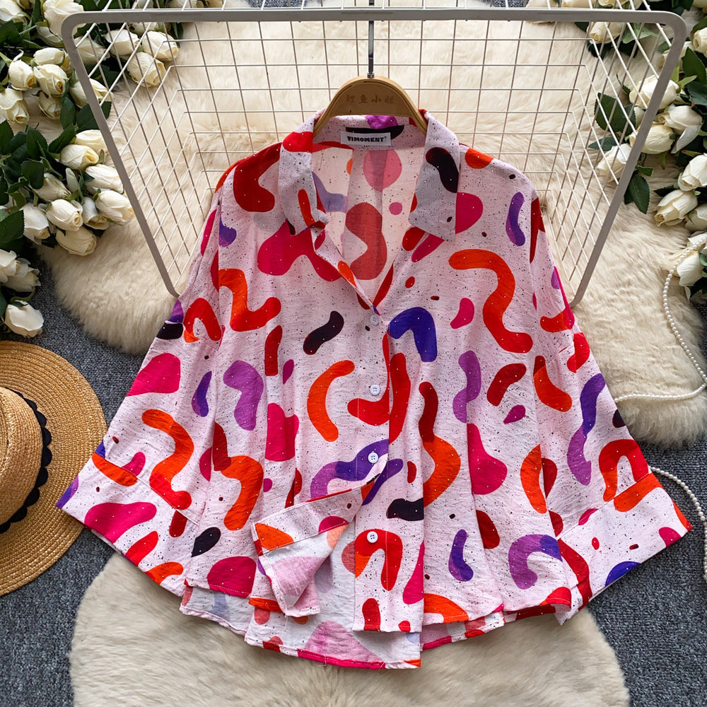 Korean style commute chic colorful geometric print long sleeve shirt - women's summer breathable, skin-friendly, loose fit cardigan top