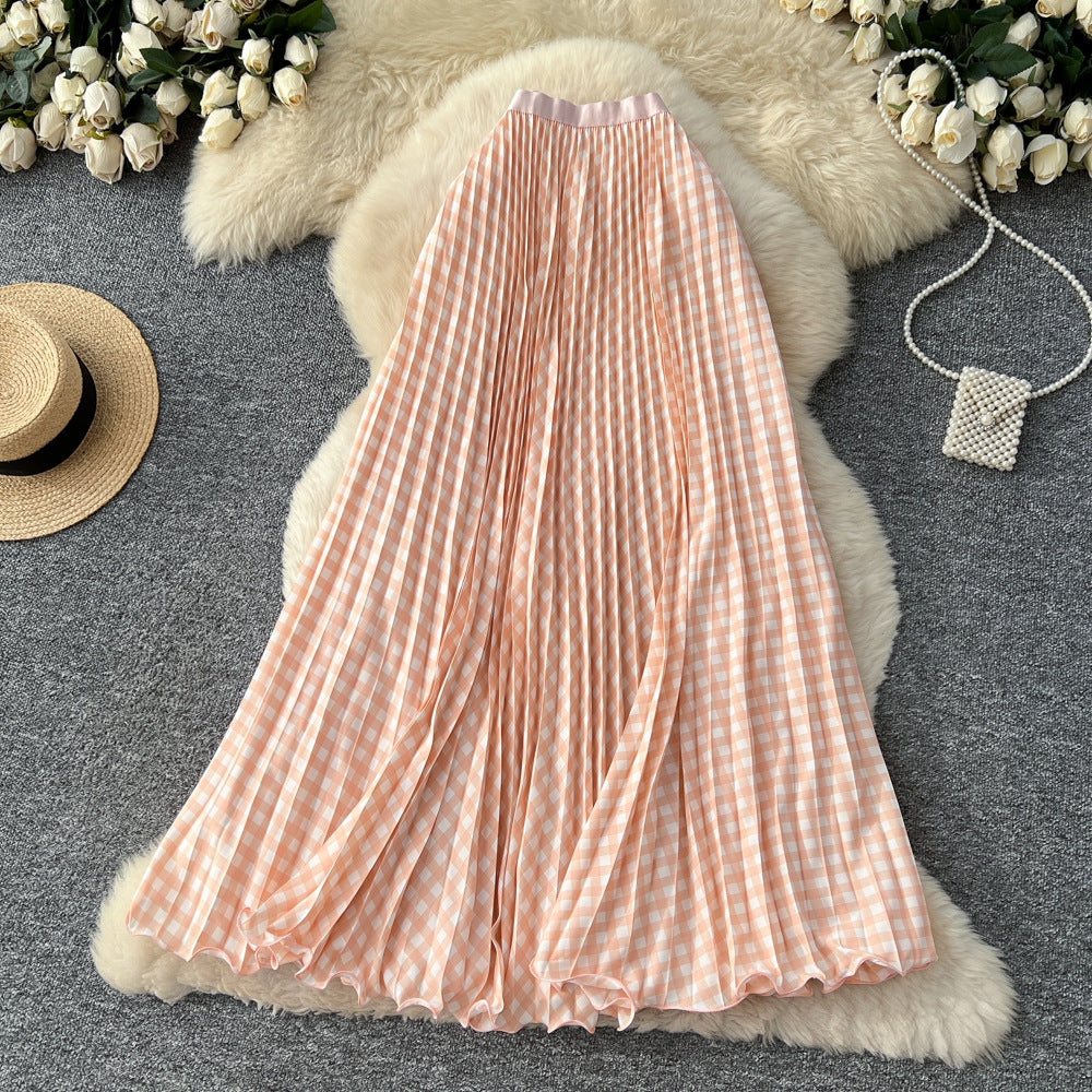 new arrivalgrids pattern patchwork a-line skirt women's high waistslimming lookelegantpleated long skirtwork clothinggrids skirt