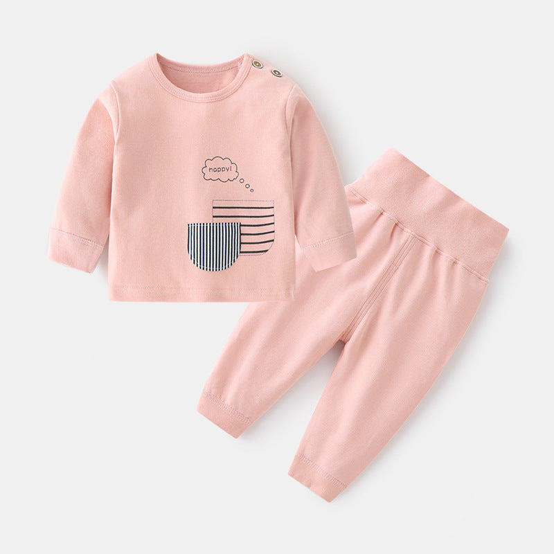 Babibele kids' autumn/winter thermal underwear set - baby cotton printed shoulder snap two-piece high-waisted long johns