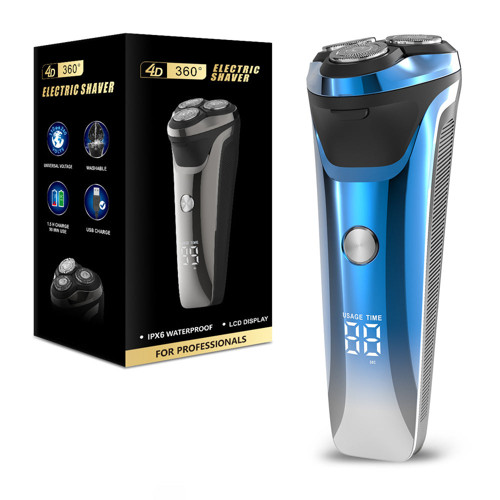 Full body washable shaver for men, lithium battery, lcd display, triple blade head, motorized, led floating shaving