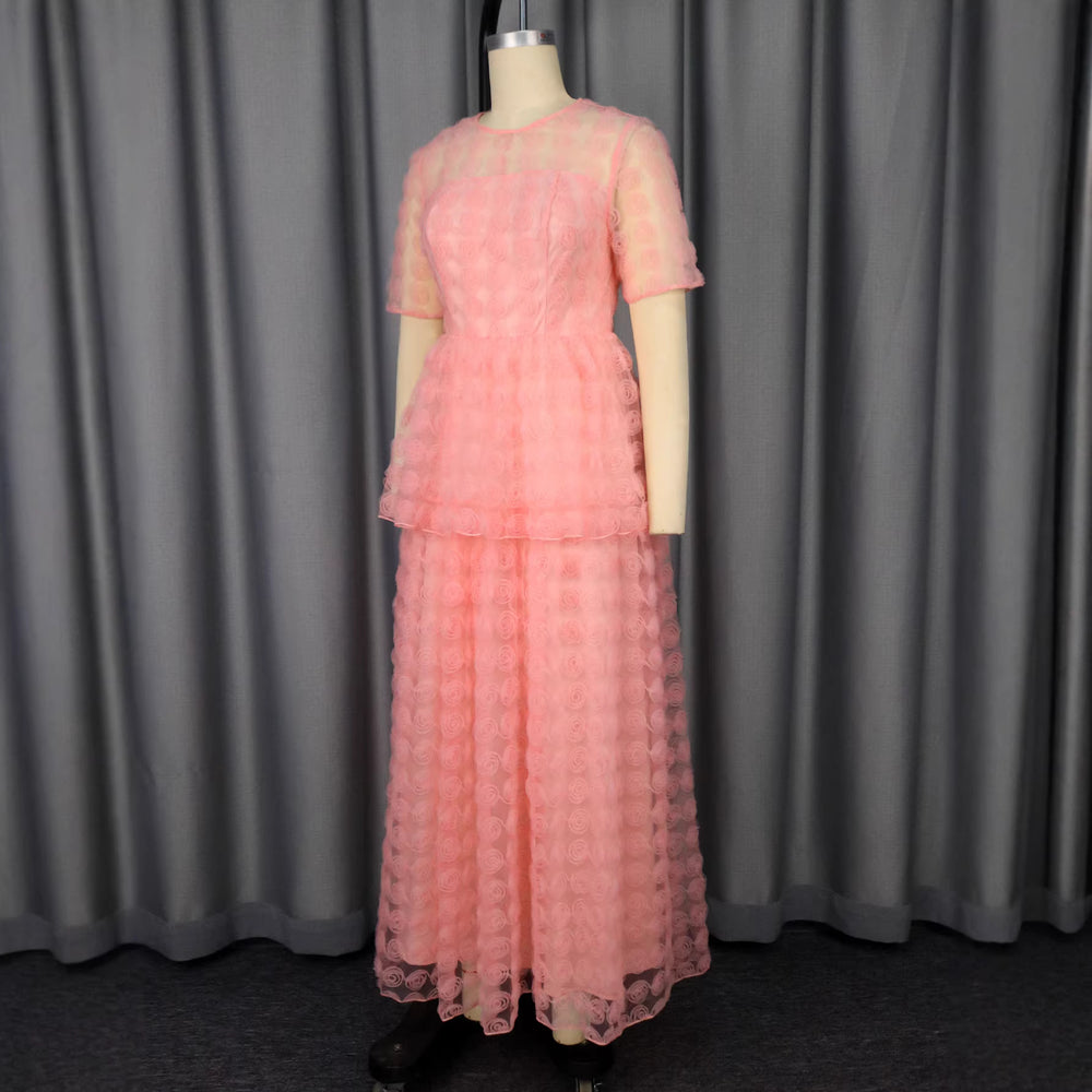 pink stereo rose mesh dress short-sleeved see-through waist evening elegant cake skirt dress