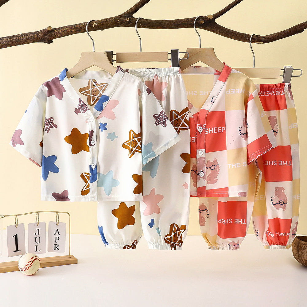 Kids' cotton linen pajama set - summer boys' and girls' sleepwear - rayon two-piece set - cotton linen air conditioning suit - children's clothing