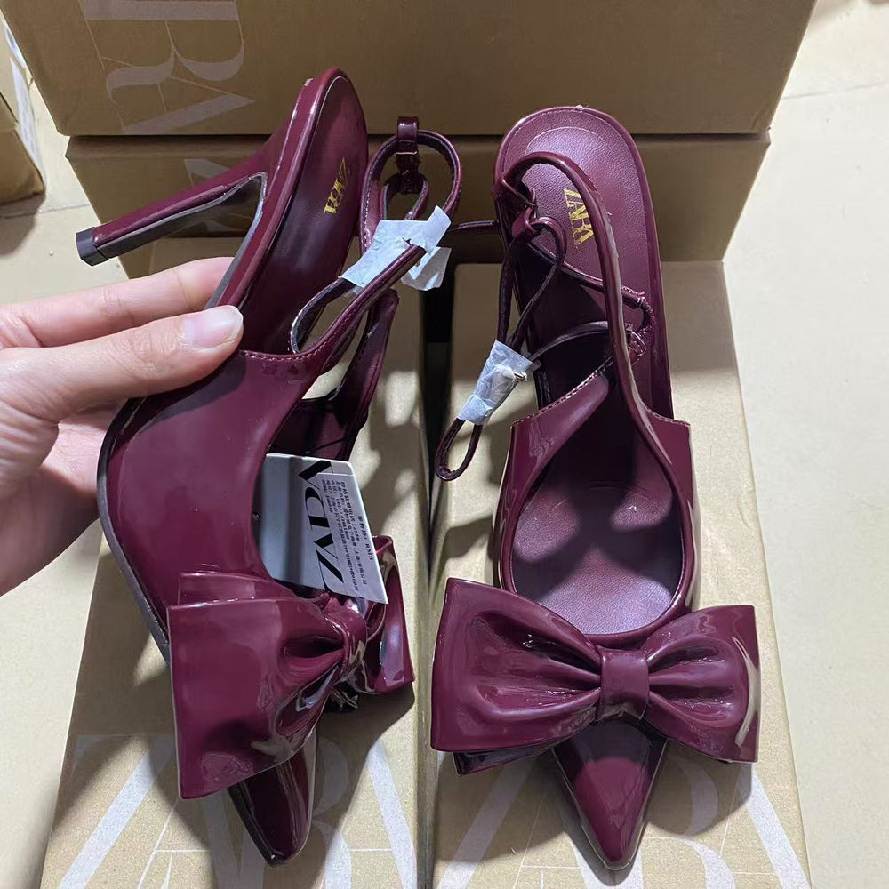 Za2024autumnew arrival burgundy patent leather bow-embellished french pointed toe hollow back strap stiletto sandals