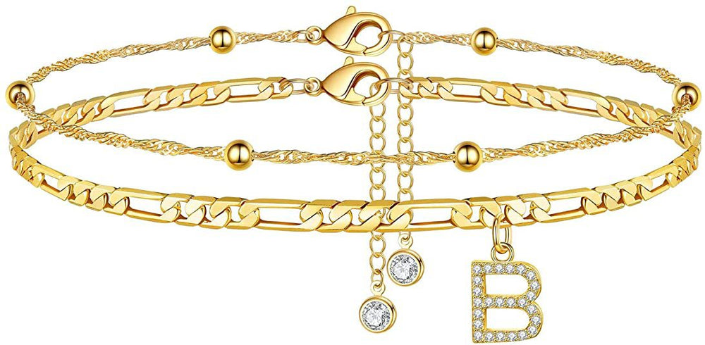 export hot-selling 26-letter anklet, zircon letter anklet, minimalist fashion seed bead cuban double-layer anklet