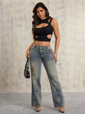 Pre-sale 50-15877#  cross-border women's clothing european and american new style straight-leg fashion cross denim long