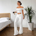 european and american  cross-border solid color one-shoulder ruched t-shirt and flare pants two-piece set for women
