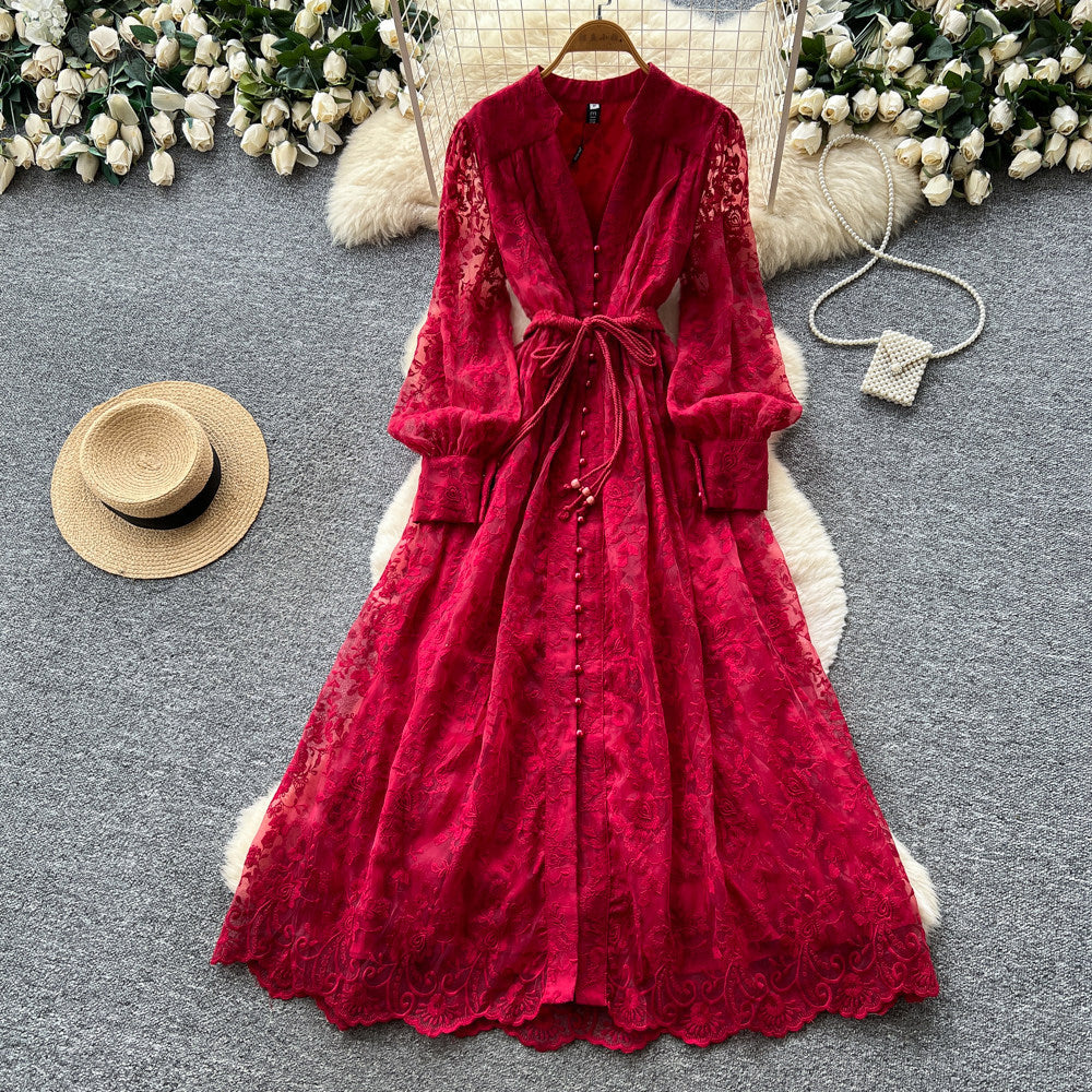 French court style v-neck lace embroidered dress - women's summer long sleeve, slimming a-line maxi dress, elegant and chic